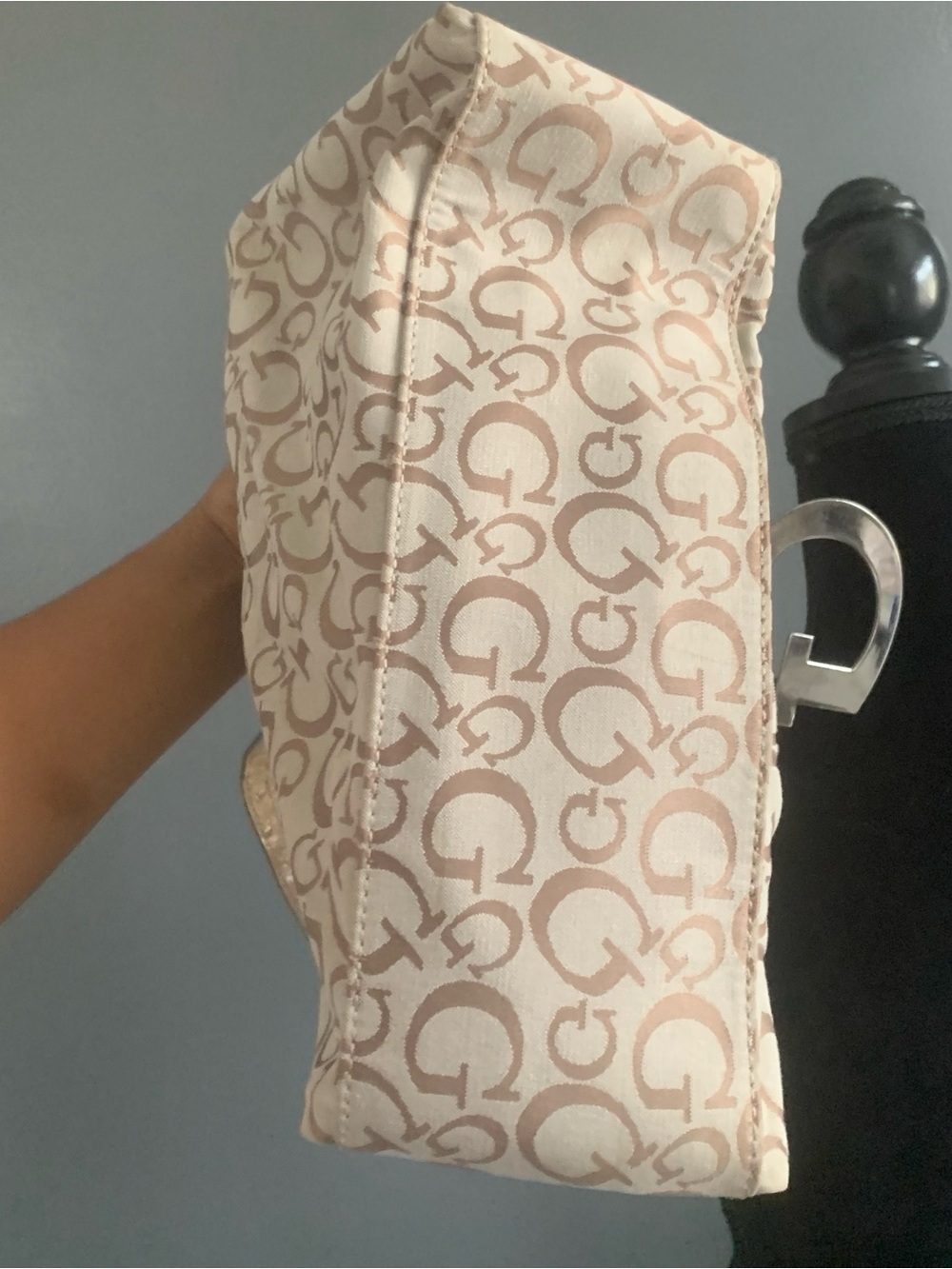 Guess Beige Monogram Shoulder Bag with Tan Trim and Silver G Logo - Picture 6 of 7